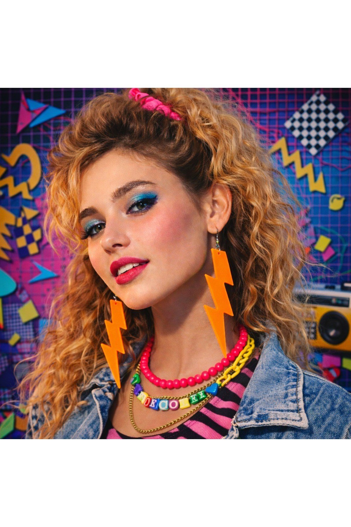 80’ler 90'lar Retro Neon Turuncu Şimşek Küpe 10 cm