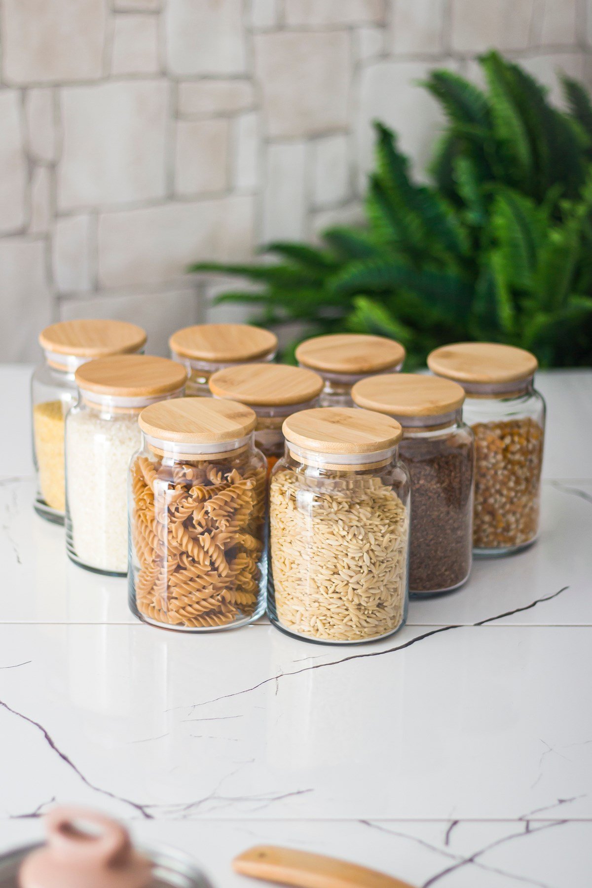 9 Lu Set Bambu Kapaklı Cam Kavanoz & Erzak Saklama Kabı 800 ml Orta Boy ( Vakum Kapak )