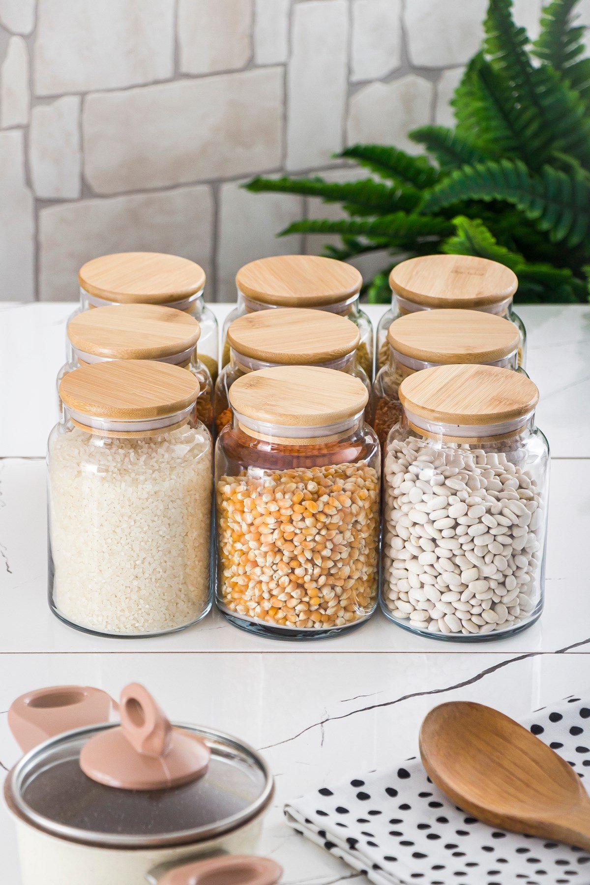 9 Lu Set Bambu Kapaklı Cam Kavanoz & Erzak Saklama Kabı 800 ml Orta Boy ( Vakum Kapak )