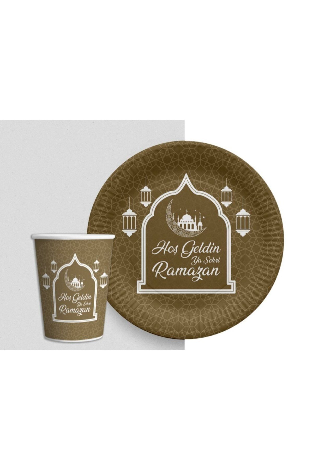 Altın Renk Hoşgeldin Ya Şehr-i Ramazan Yazılı Tabak ve Bardak Seti 16 Adet