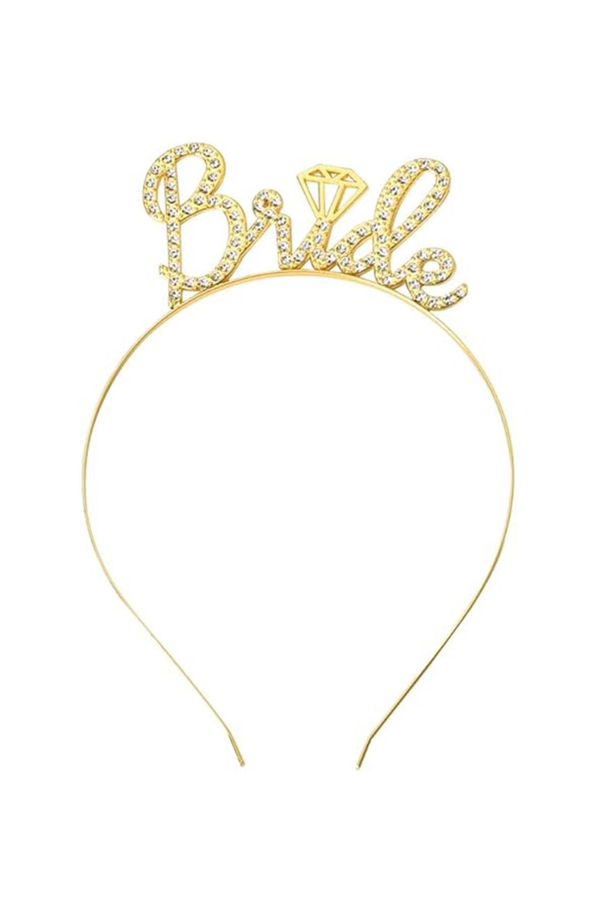 Altın Renkli Taşlı “Bride” Gelin Tacı – El Yazısı Yazı Tipiyle