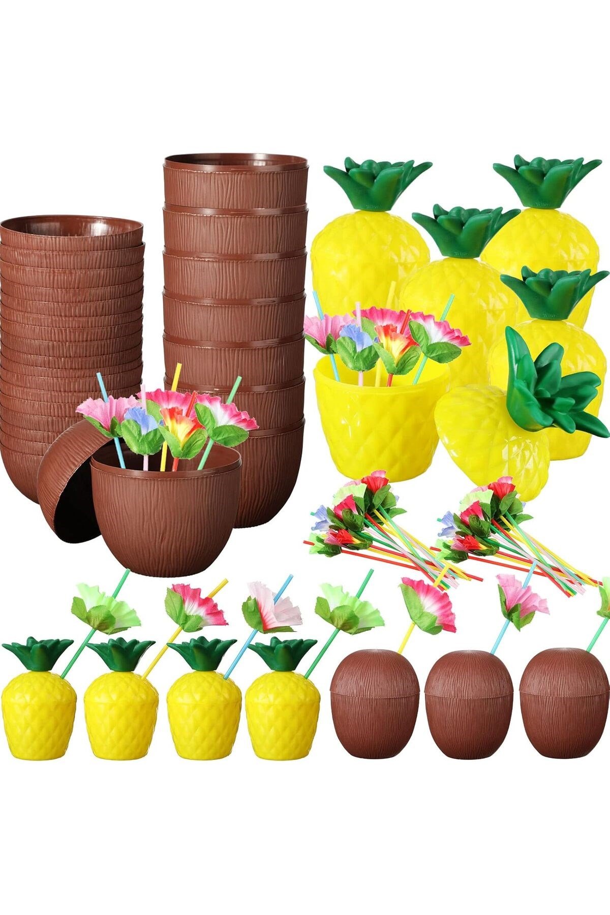 Ananas & Hindistan Cevizi Tasarımlı Pipetli Bardak Seti (6 Adet)
