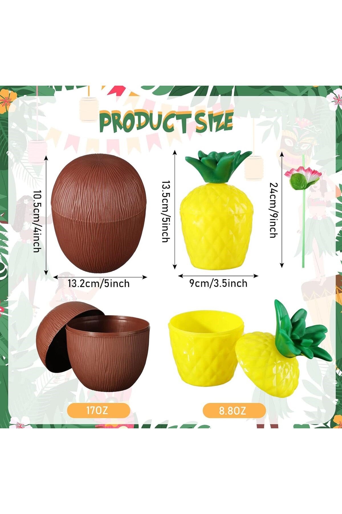 Ananas & Hindistan Cevizi Tasarımlı Pipetli Bardak Seti (6 Adet)
