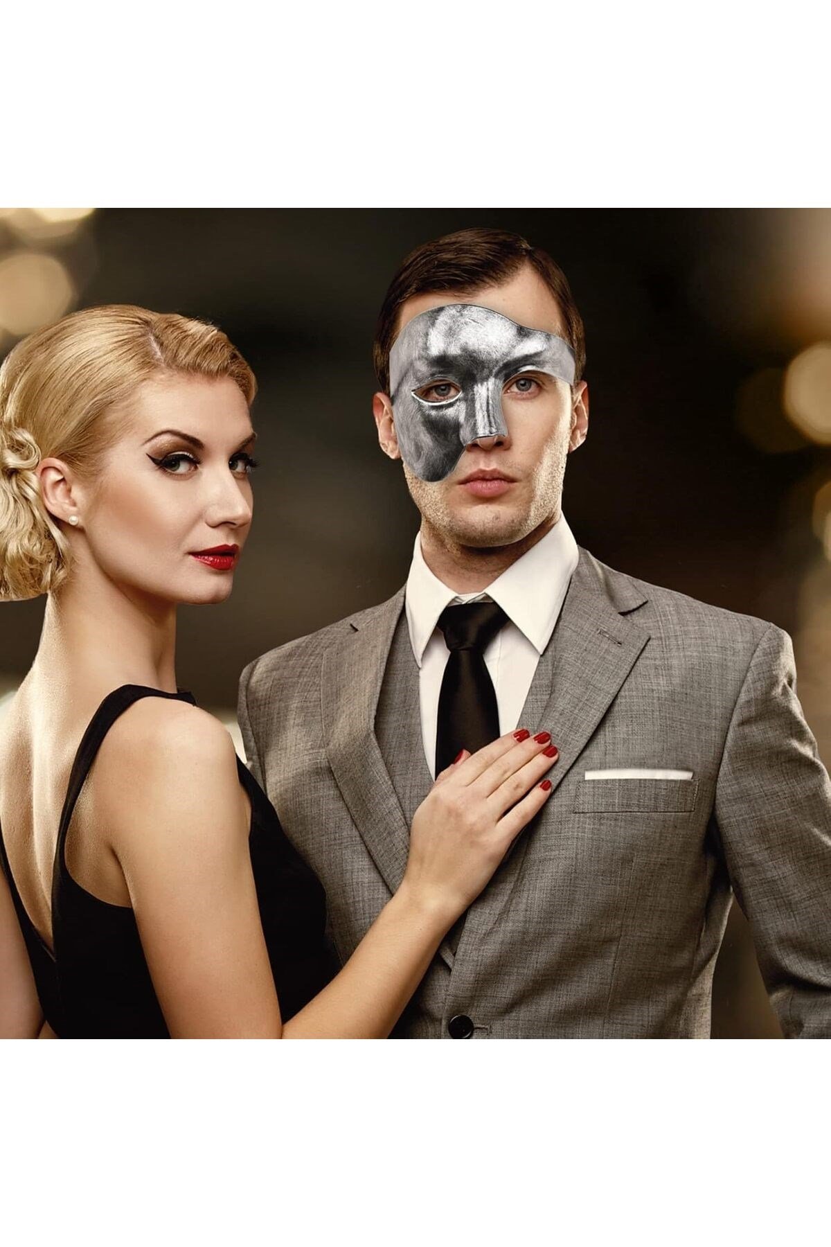 Antik Eskitme Gümüş Erkek Yarım Maske - Phantom & Balo Maskesi