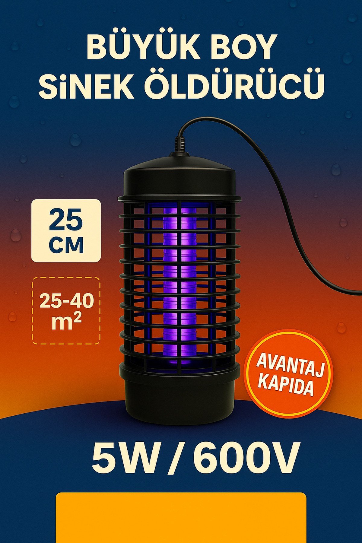 Asılabilir Kimyasalsız Sinek Öldürücü 25cm | Mor Işık 5w 600v | 20m² Etki | Sessiz Uv Led