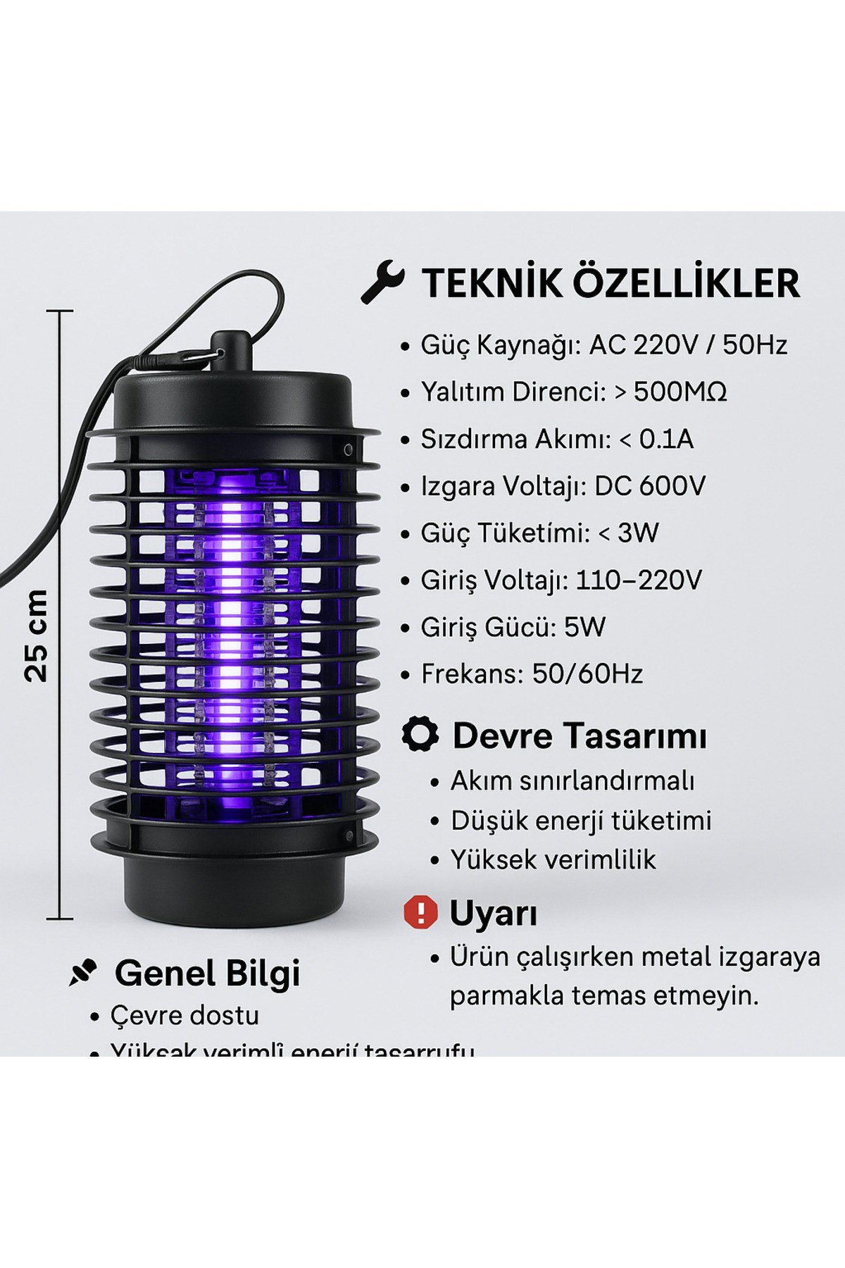Asılabilir Kimyasalsız Sinek Öldürücü 25cm | Mor Işık 5w 600v | 20m² Etki | Sessiz Uv Led