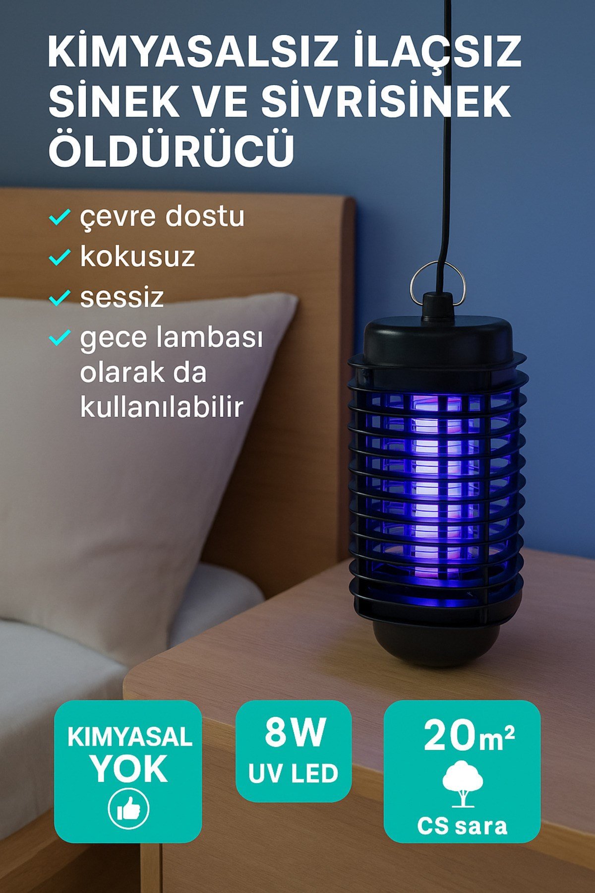 Asılabilir Kimyasalsız Sinek Öldürücü 25cm | Mor Işık 5w 600v | 20m² Etki | Sessiz Uv Led