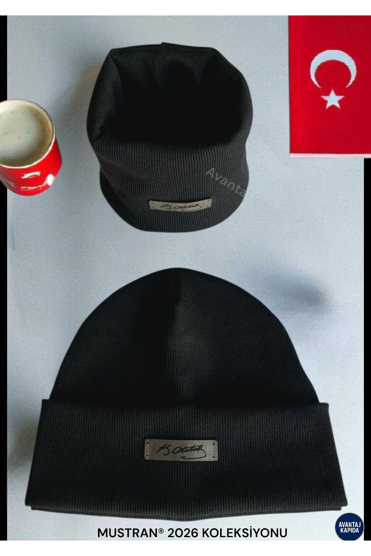 Atatürk İmzalı Deri Etiketli El İşçiliği Unisex Pamuklu Ribana Bere Boyunluk 2’li Set