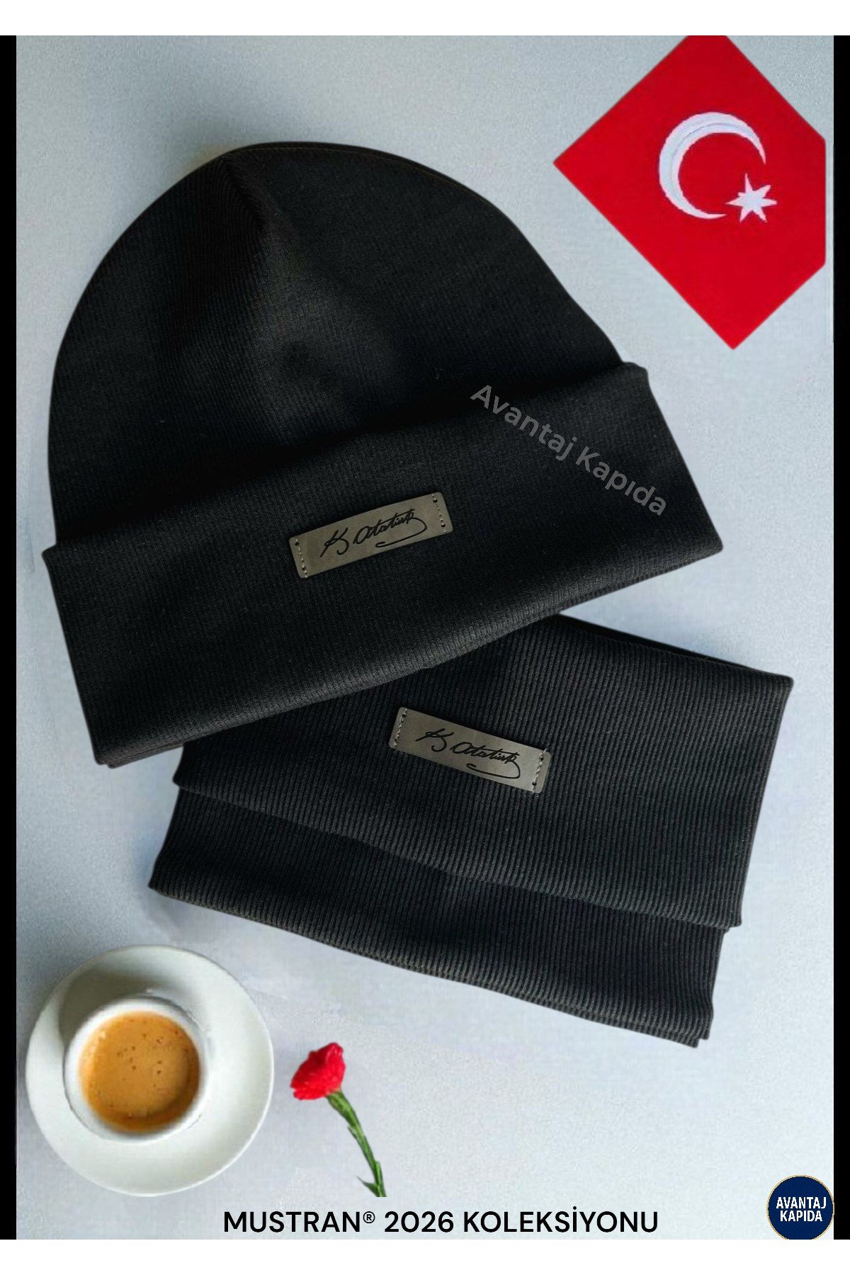 Atatürk İmzalı Deri Etiketli El İşçiliği Unisex Pamuklu Ribana Bere Boyunluk 2’li Set