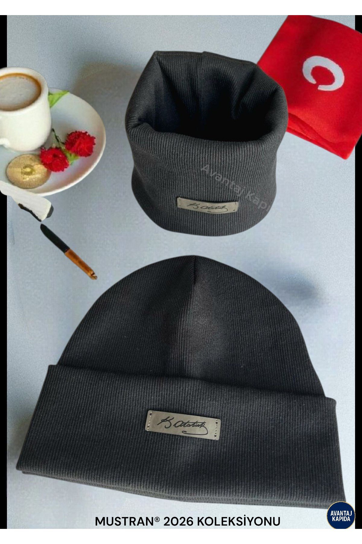 Atatürk İmzalı Deri Etiketli El İşçiliği Unisex Pamuklu Ribana Bere Boyunluk 2’li Set