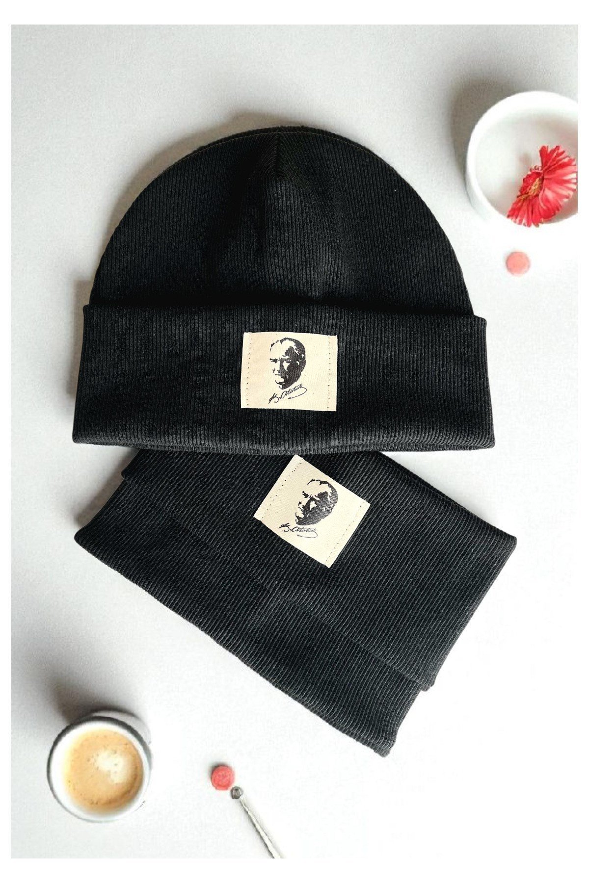 Atatürk İmzalı Pamuk Etiketli El İşçiliği Unisex Pamuklu Ribana Bere Boyunluk 2’li Set
