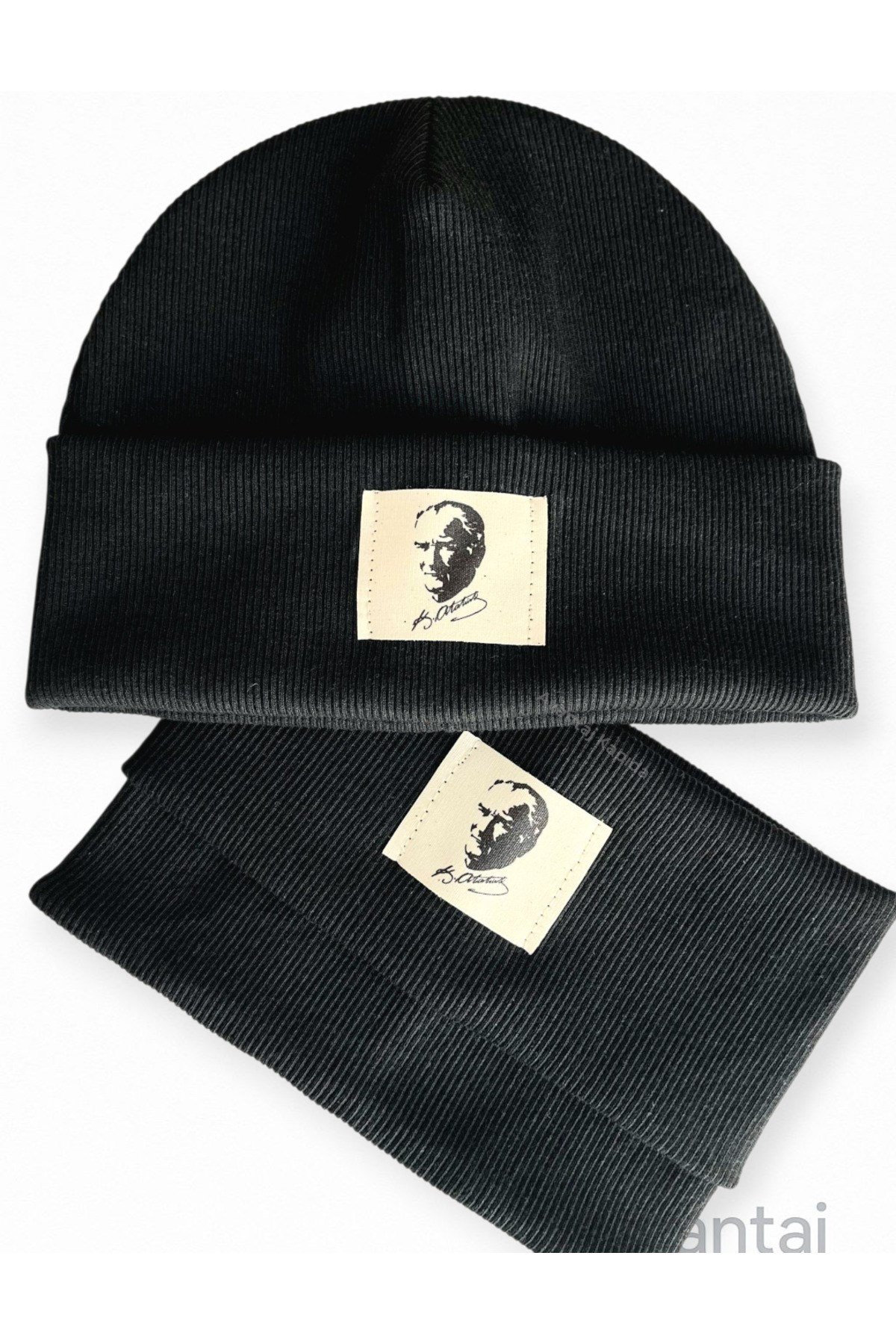 Atatürk İmzalı Pamuk Etiketli El İşçiliği Unisex Pamuklu Ribana Bere Boyunluk 2’li Set