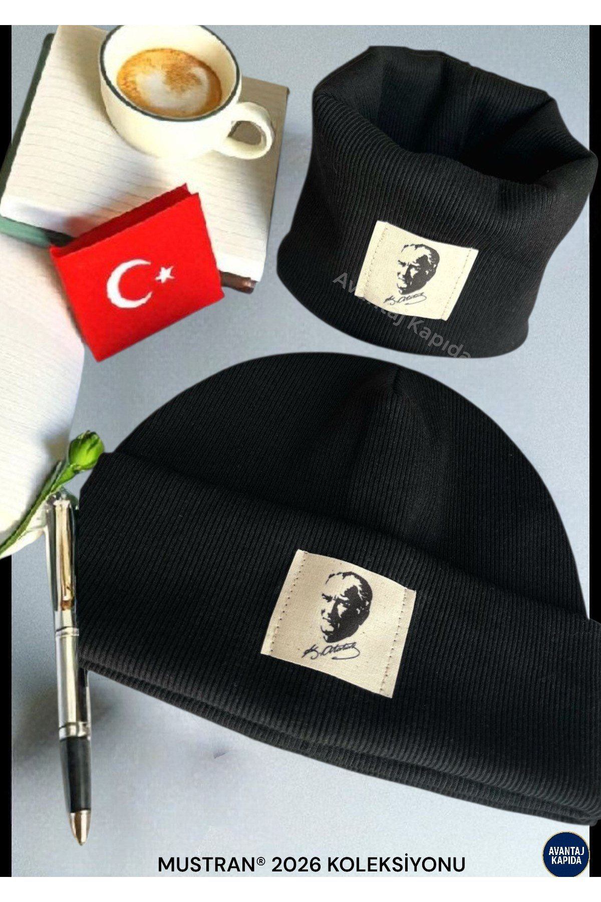 Atatürk İmzalı Pamuk Etiketli El İşçiliği Unisex Pamuklu Ribana Bere Boyunluk 2’li Set