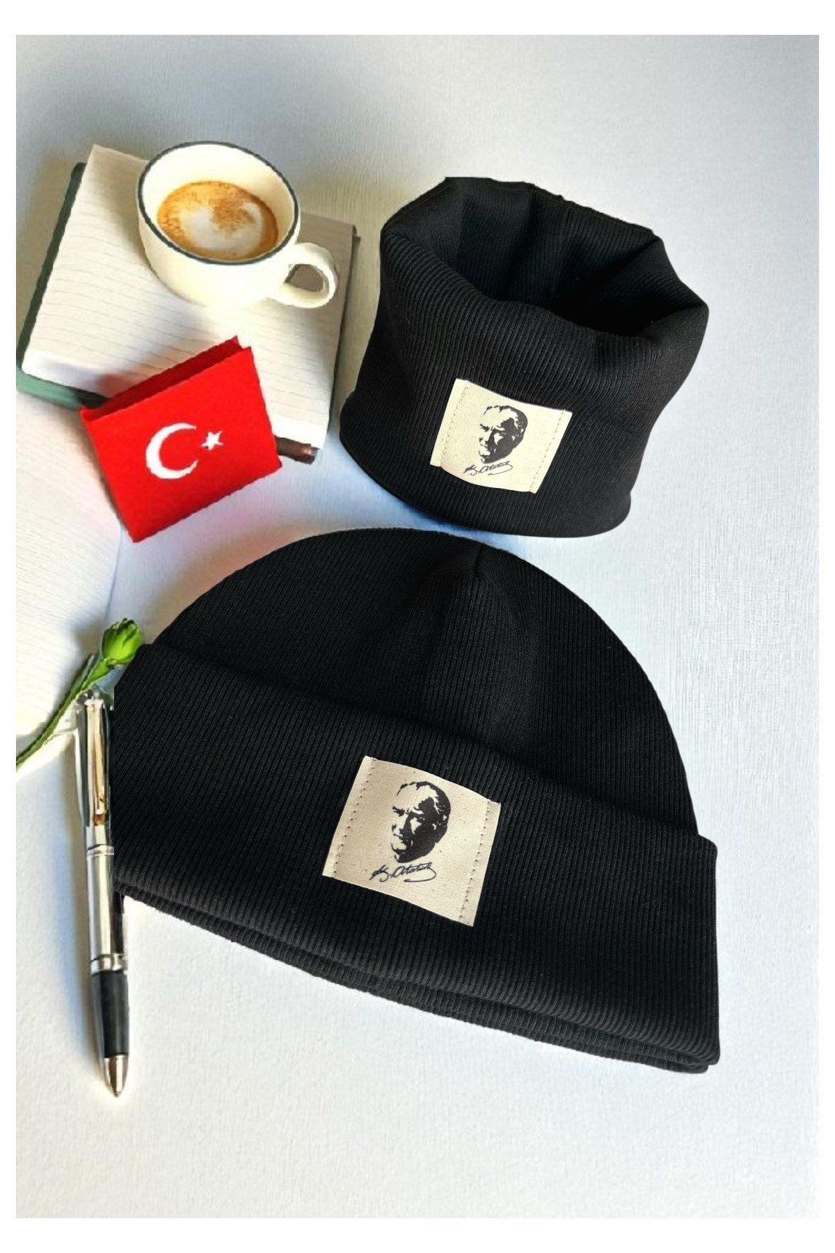 Atatürk İmzalı Pamuk Etiketli El İşçiliği Unisex Pamuklu Ribana Bere Boyunluk 2’li Set