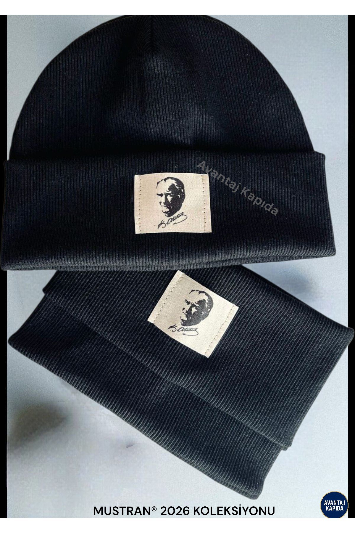 Atatürk İmzalı Pamuk Etiketli El İşçiliği Unisex Pamuklu Ribana Bere Boyunluk 2’li Set