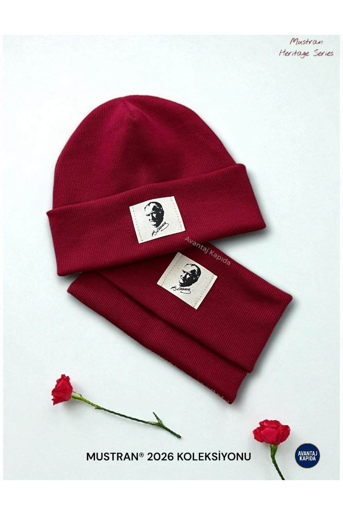 Atatürk ve Türk Sembollü Pamuklu Ribana Bere Boyunluk 2’li Set-El İşçiliği Unisex Hediyelik