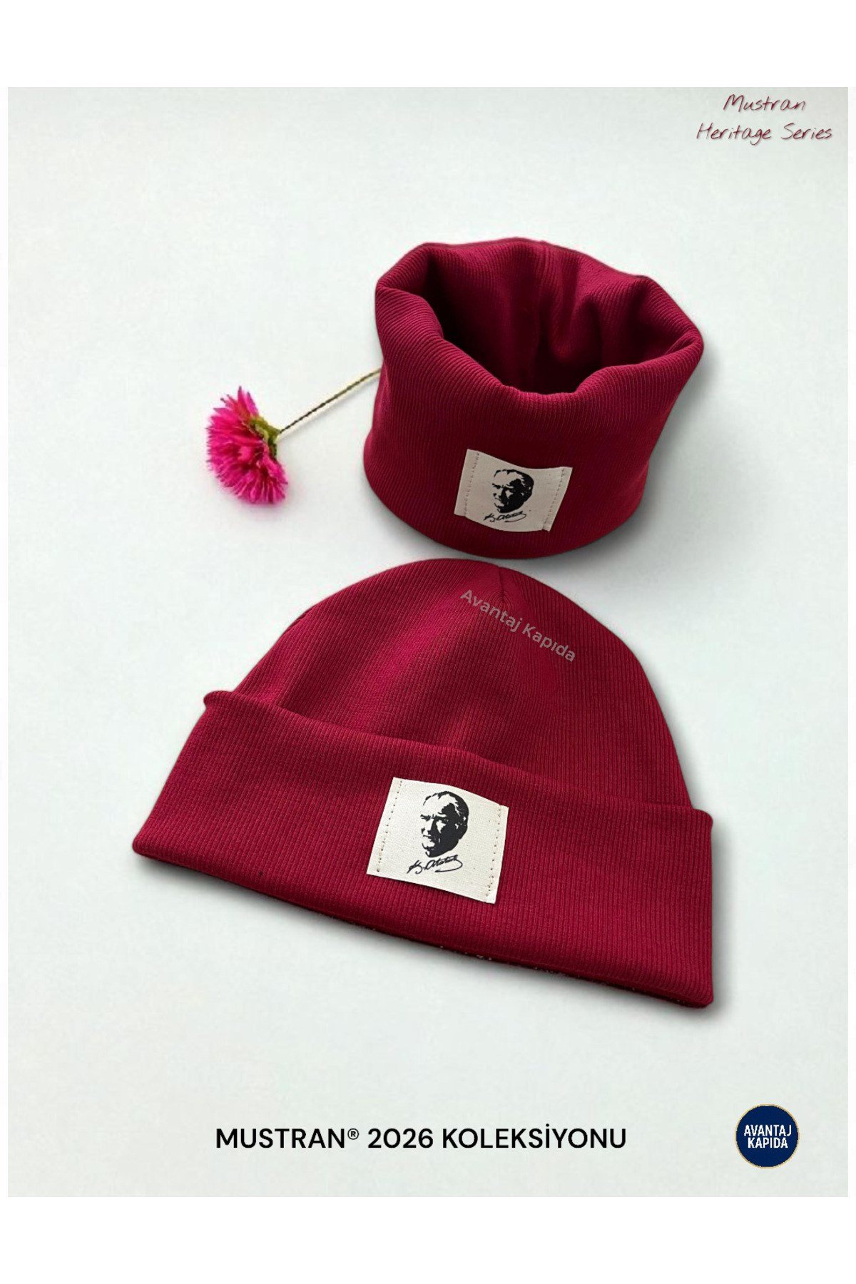 Atatürk ve Türk Sembollü Pamuklu Ribana Bere Boyunluk 2’li Set-El İşçiliği Unisex Hediyelik