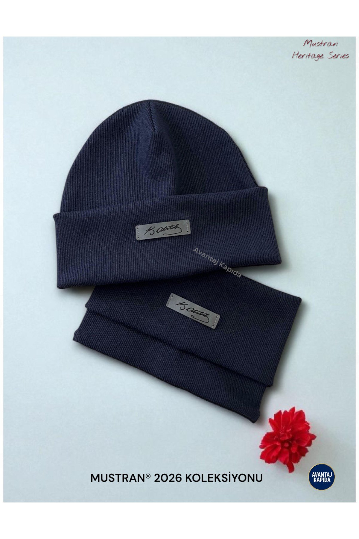 Atatürk ve Türk Sembollü Pamuklu Ribana Bere Boyunluk 2’li Set-El İşçiliği Unisex Hediyelik