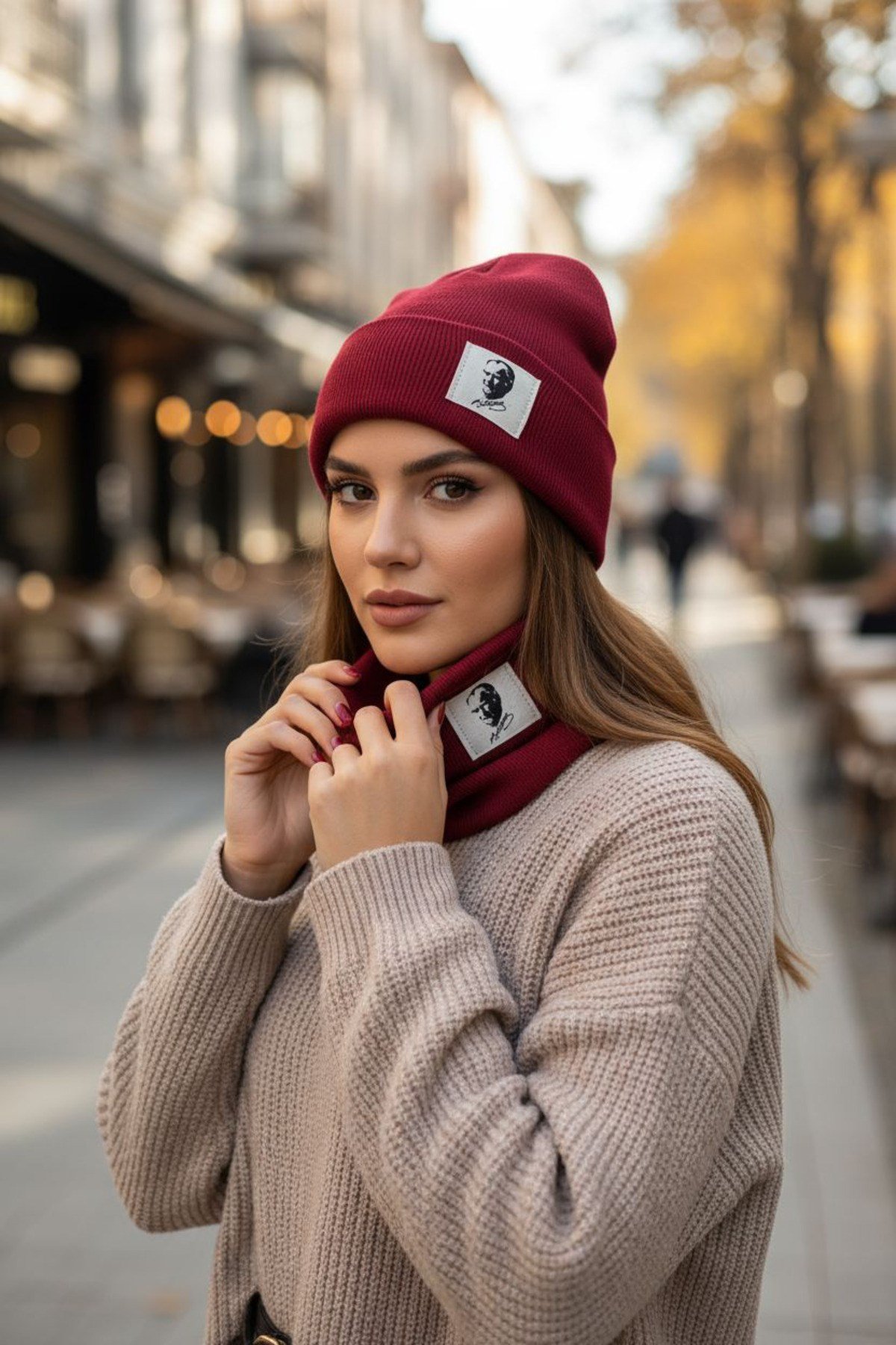 Atatürk ve Türk Sembollü Pamuklu Ribana Bere Boyunluk 2’li Set-El İşçiliği Unisex Hediyelik