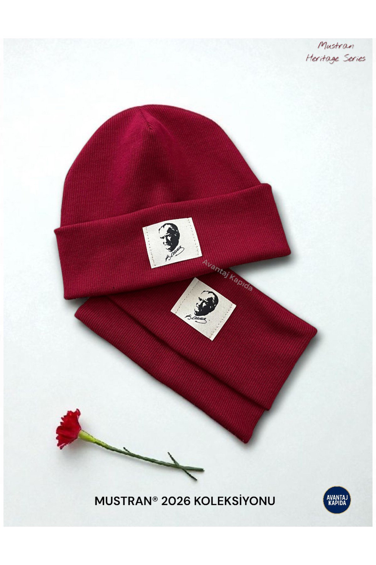 Atatürk ve Türk Sembollü Pamuklu Ribana Bere Boyunluk 2’li Set-El İşçiliği Unisex Hediyelik