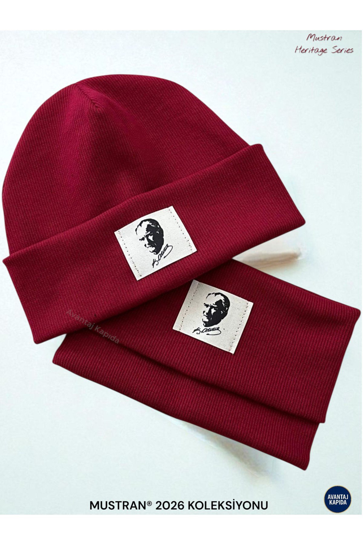 Atatürk ve Türk Sembollü Pamuklu Ribana Bere Boyunluk 2’li Set-El İşçiliği Unisex Hediyelik