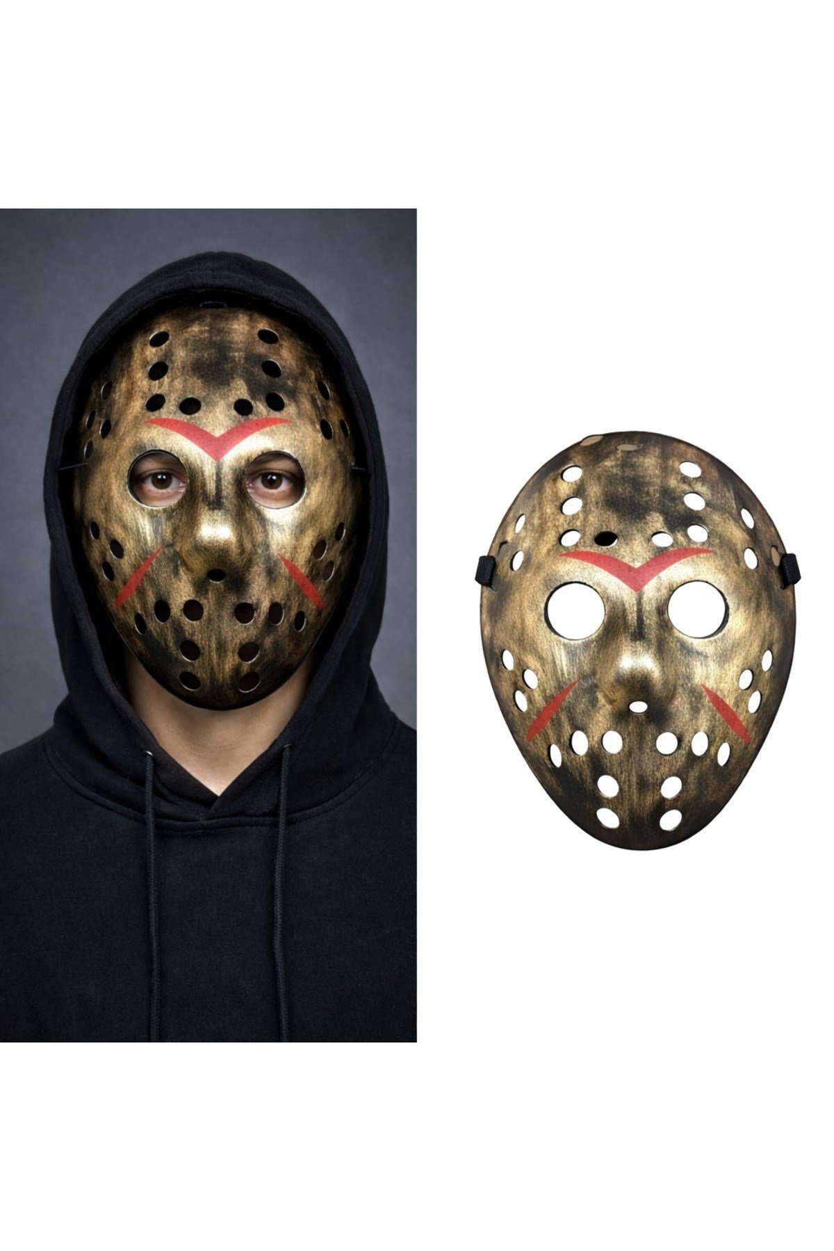 Bakır Renk Kırmızı Çizgili Tam Yüz Hokey Jason Maskesi Hannibal Maskesi