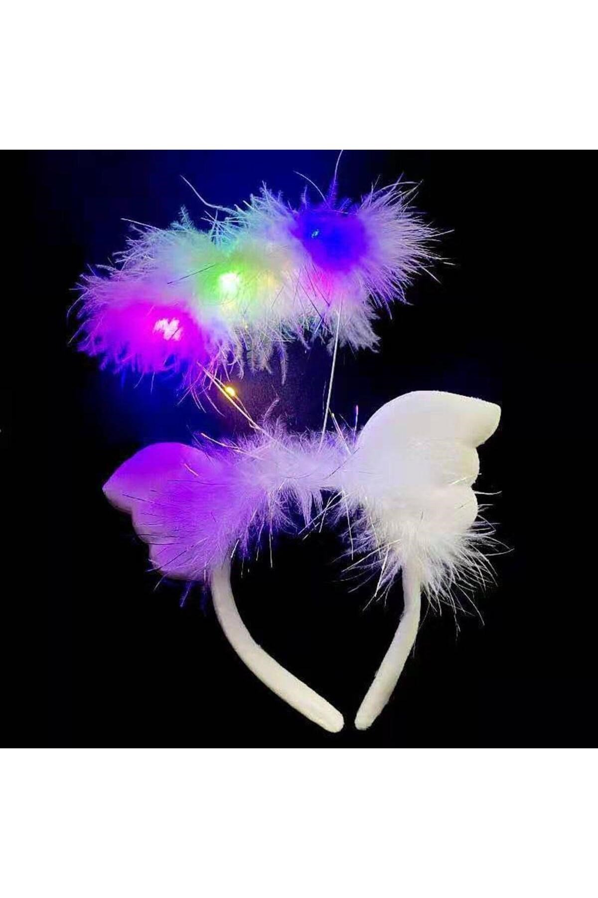 Beyaz Kanatlı Beyaz Tüylü Led Işıklı 3 Fonksiyonlu Melek Hare Taç 20x25 cm