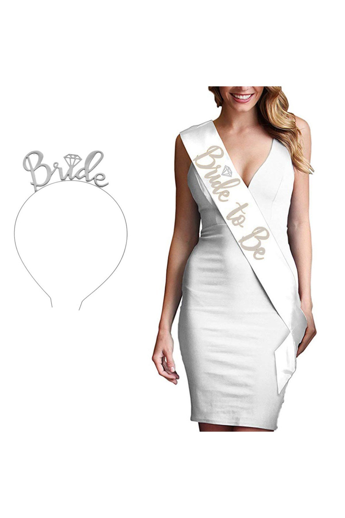 Beyaz Üzeri Gümüş Bride To Be İthal Kuşak - Gümüş Renk Metal Bride Taç