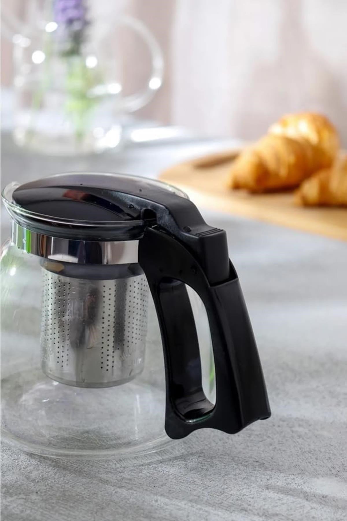 Cam Demlik 900 ml Borosilikat Çaydanlık Siyah Kapaklı