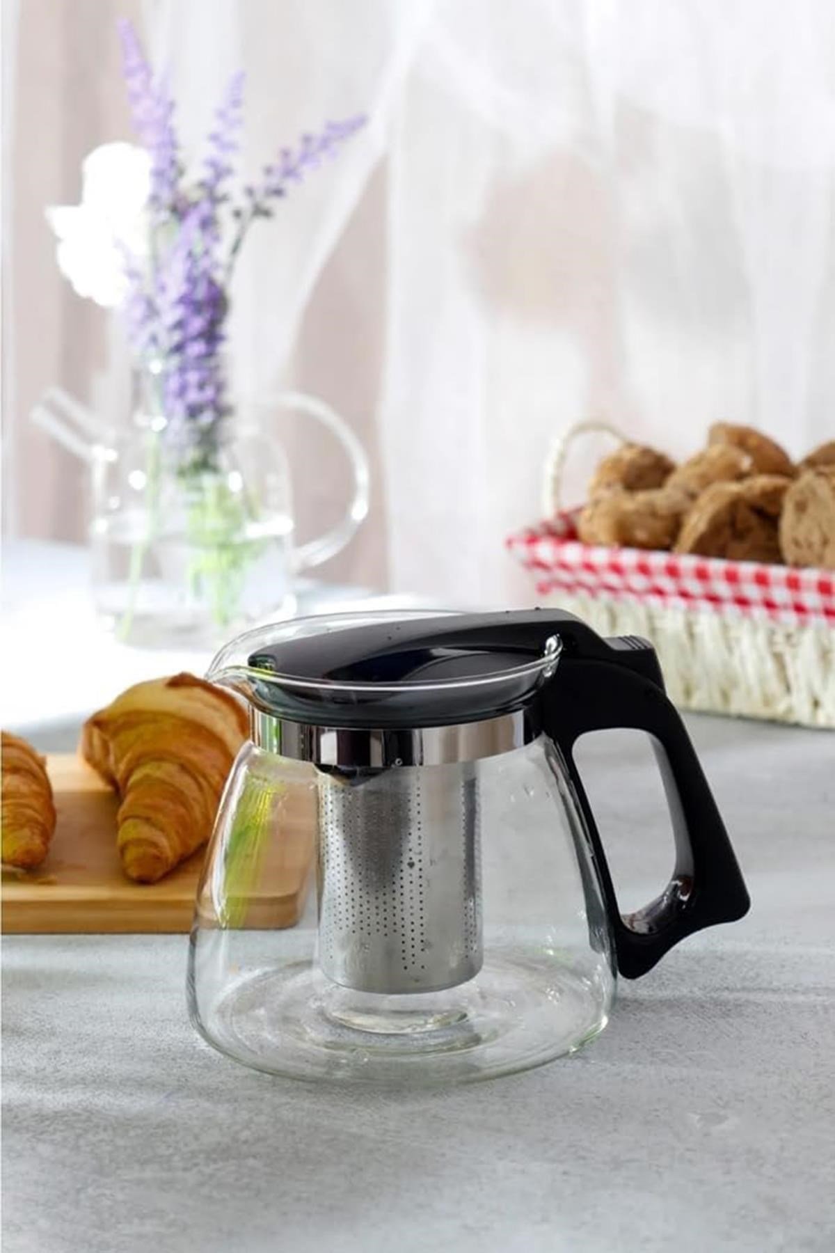 Cam Demlik 900 ml Borosilikat Çaydanlık Siyah Kapaklı