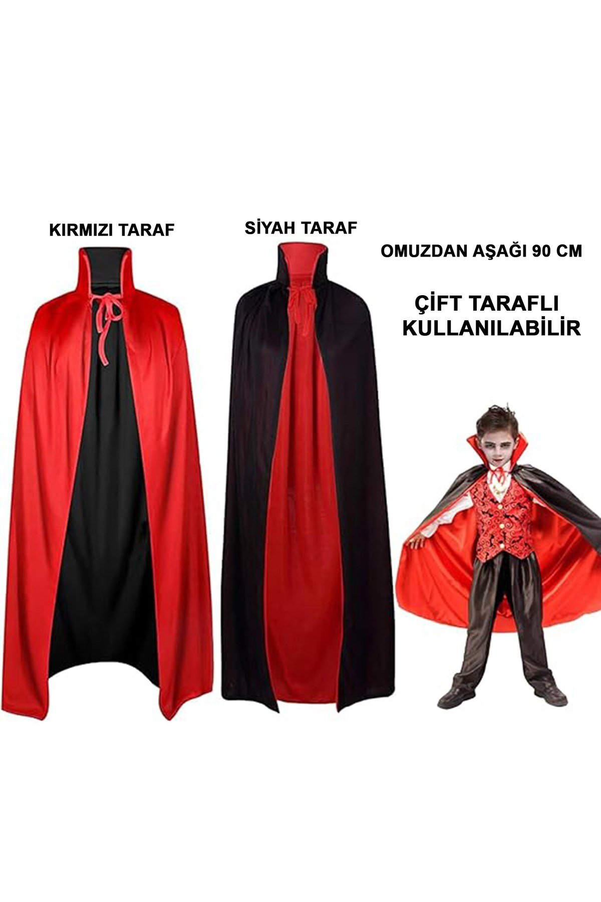Çift Taraflı Kullanılabilir Siyah Kırmızı Yakalı Pelerin 90 cm Çocuk