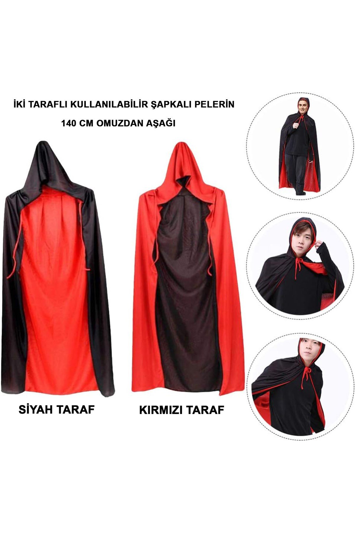 Çift Taraflı Kullanılabilir Siyah Kırmızı Kapişonlu Pelerin 140 cm Yetişkin