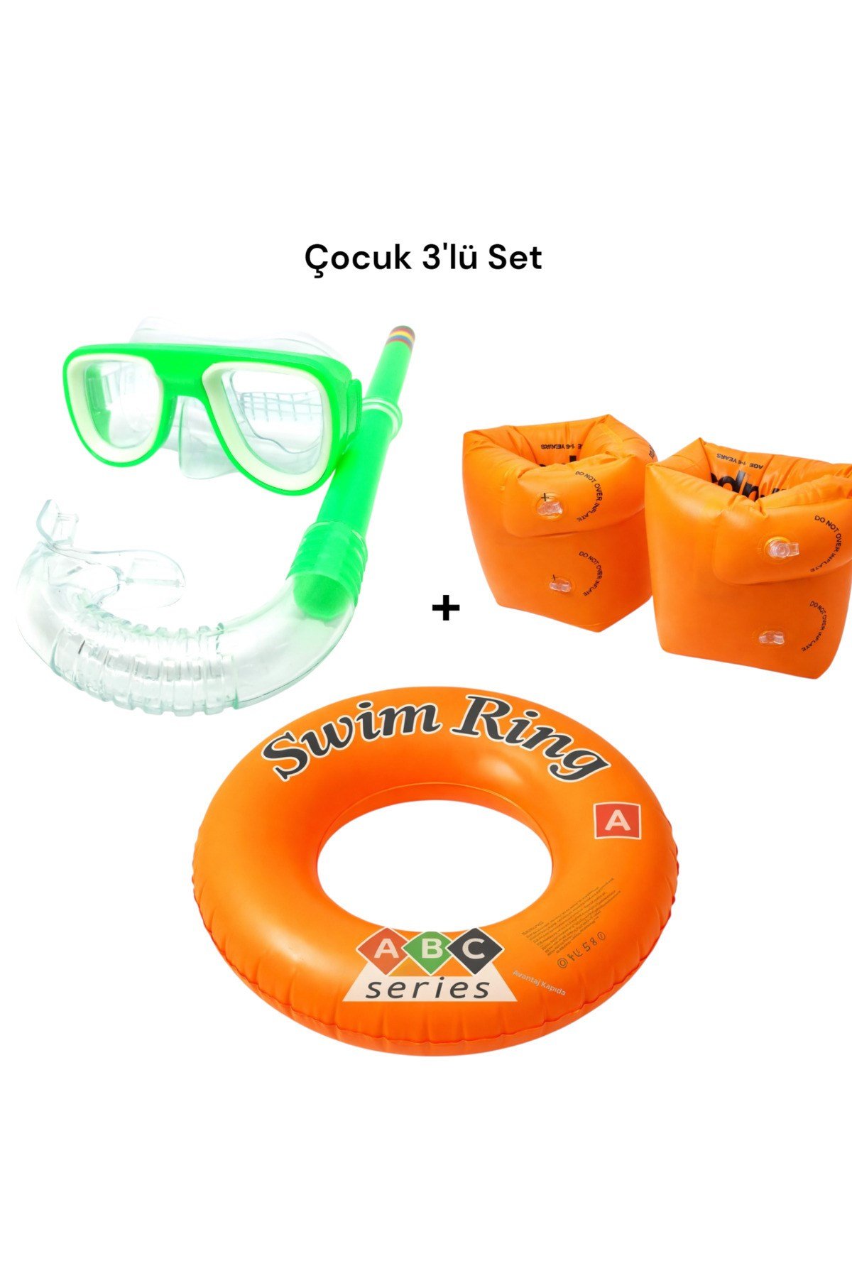 Çocuk 3'lü Deniz ve Havuz Yüzme Seti Maske Şnorkel - Çift Odalı Kolluk ve Simit