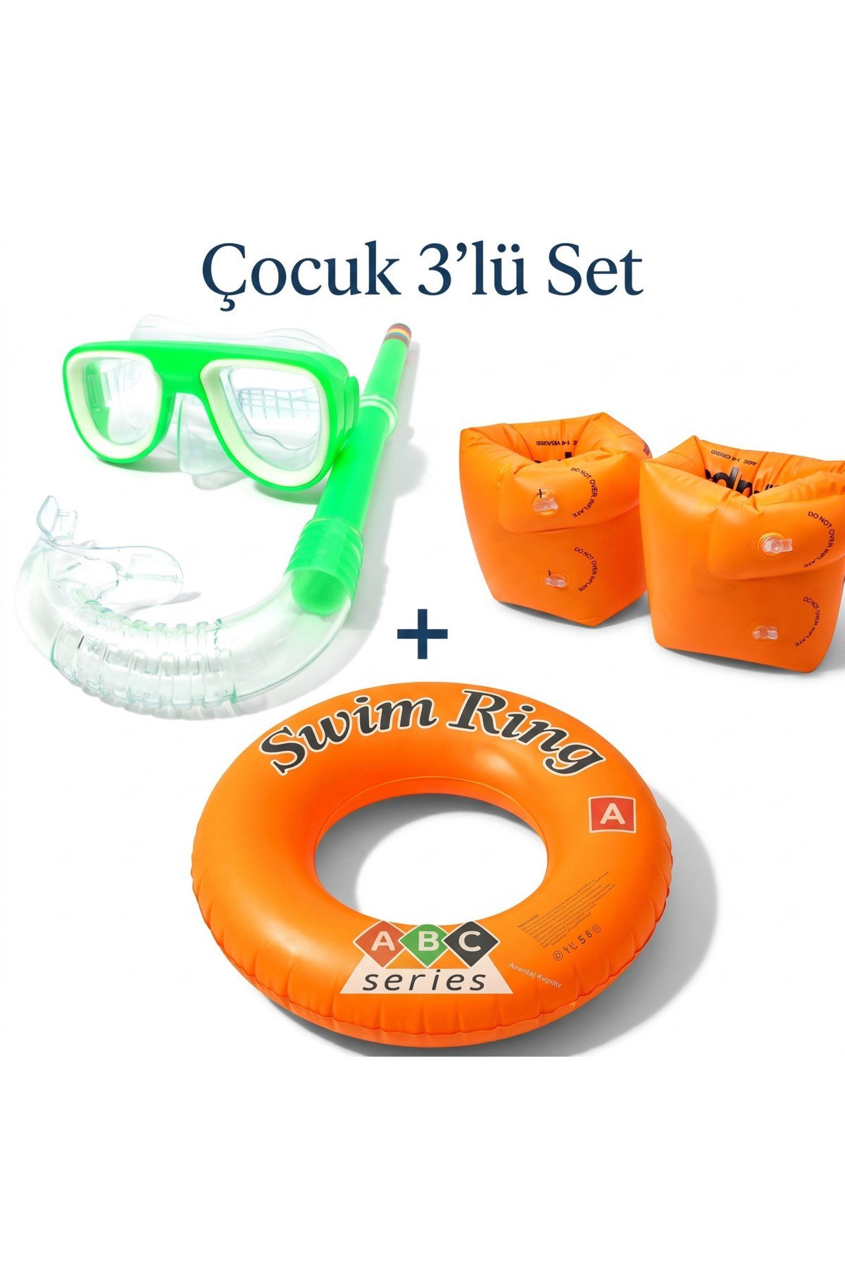 Çocuk 3'lü Deniz ve Havuz Yüzme Seti Maske Şnorkel - Çift Odalı Kolluk ve Simit