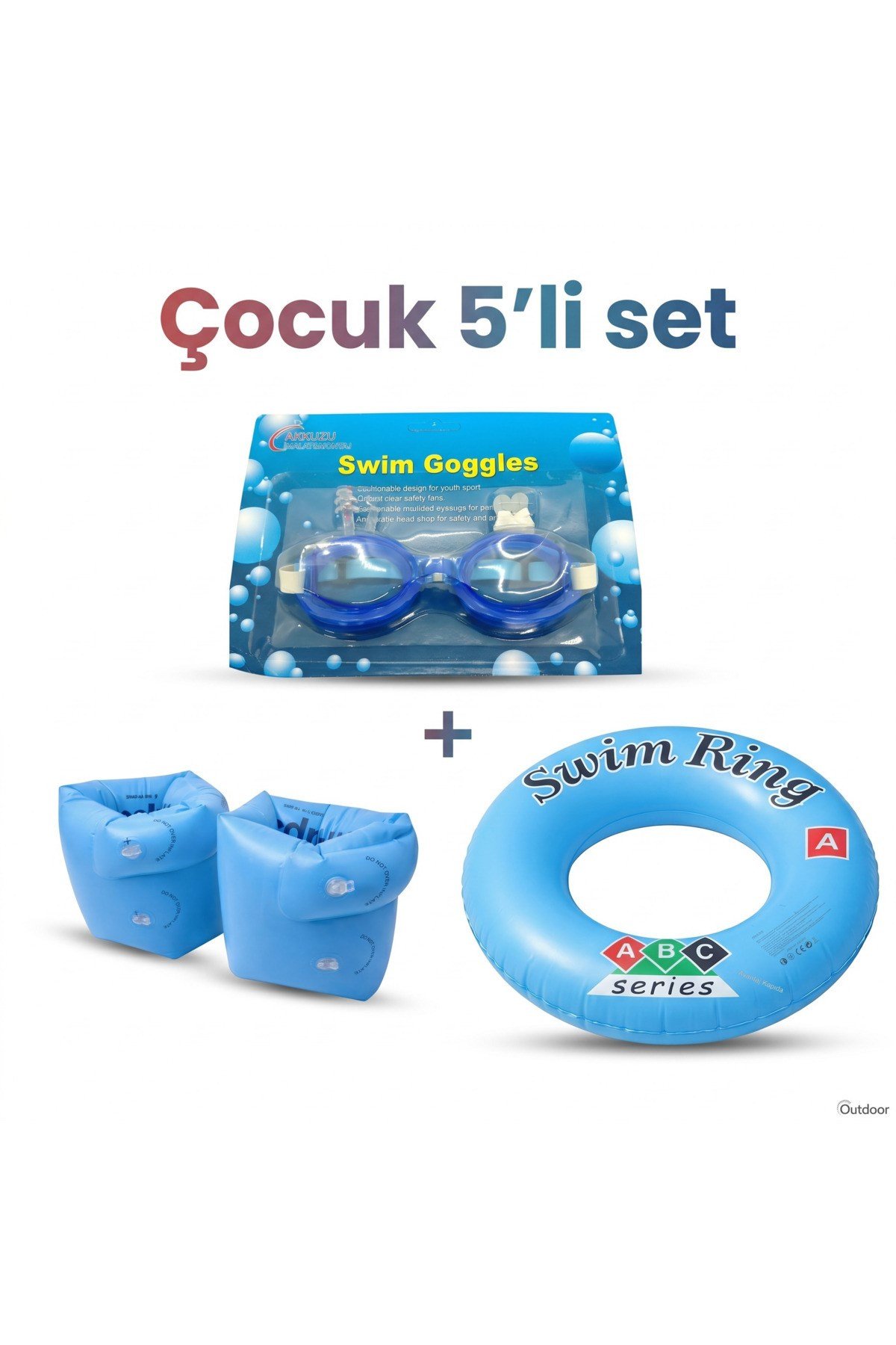 Çocuk 5'li Deniz ve Havuz Yüzme Seti Deniz Gözlüğü + Çift Odalı Kolluk + Çocuk Simidi + Kulak Tıkacı + Burun Tıkacı