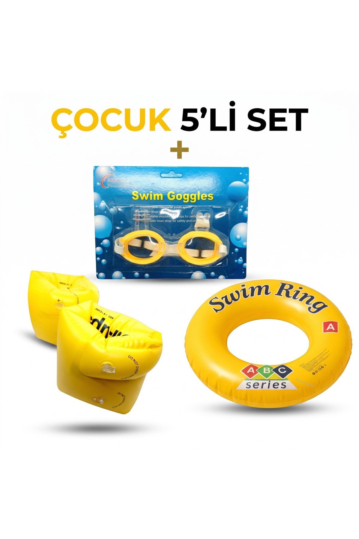 Çocuk 5'li Deniz ve Havuz Yüzme Seti Deniz Gözlüğü + Çift Odalı Kolluk + Çocuk Simidi + Kulak Tıkacı + Burun Tıkacı