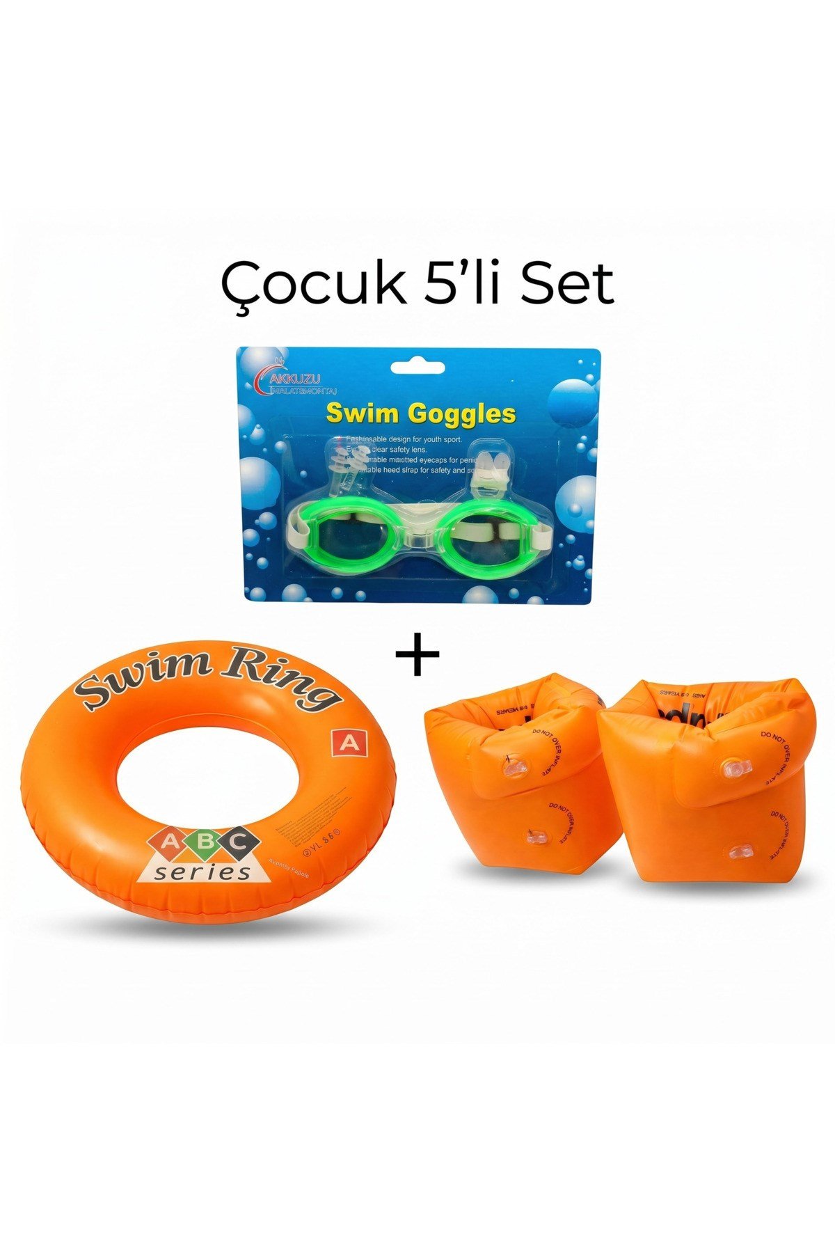 Çocuk 5'li Deniz ve Havuz Yüzme Seti Deniz Gözlüğü + Çift Odalı Kolluk + Çocuk Simidi + Kulak Tıkacı + Burun Tıkacı