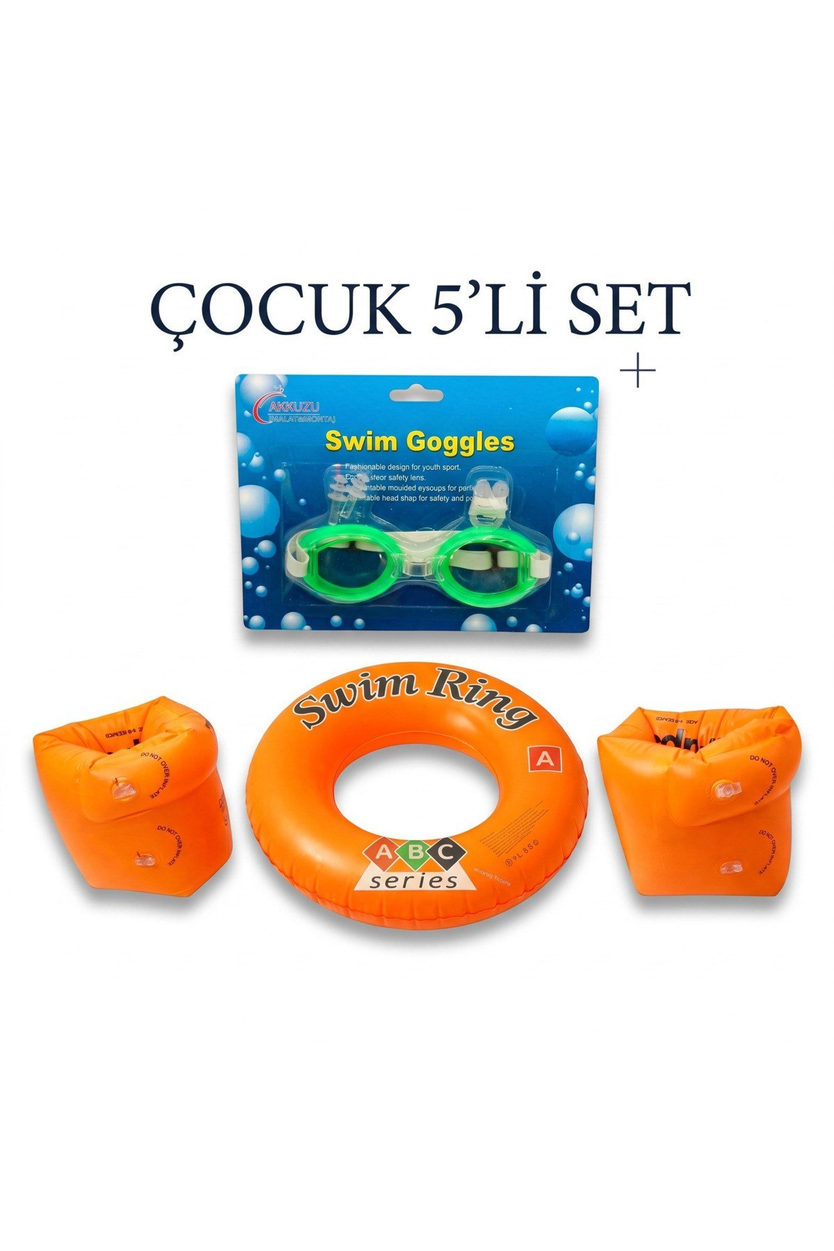 Çocuk 5'li Deniz ve Havuz Yüzme Seti Deniz Gözlüğü + Çift Odalı Kolluk + Çocuk Simidi + Kulak Tıkacı + Burun Tıkacı