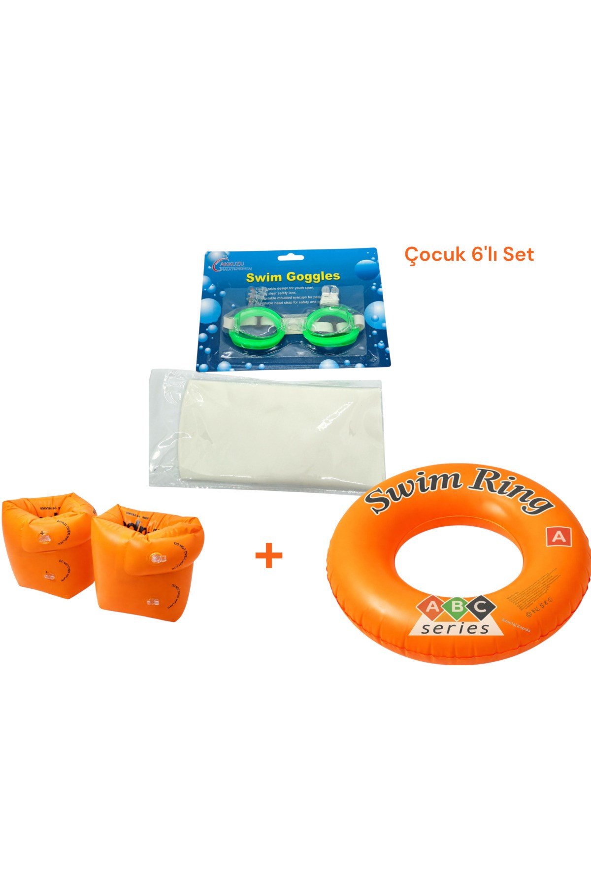 Çocuk 6'lı Deniz ve Havuz Yüzme Seti Deniz Gözlüğü + Silikon Bone + Çift Odalı Kolluk + Çocuk Simidi + Kulak Tıkacı + Burun Tıkacı
