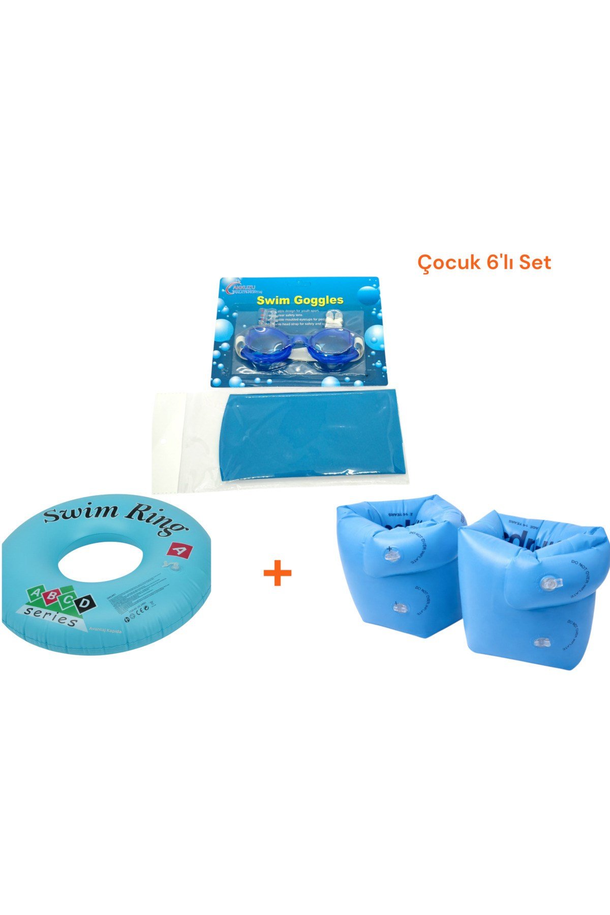 Çocuk 6'lı Deniz ve Havuz Yüzme Seti Deniz Gözlüğü + Silikon Bone + Çift Odalı Kolluk + Çocuk Simidi + Kulak Tıkacı + Burun Tıkacı
