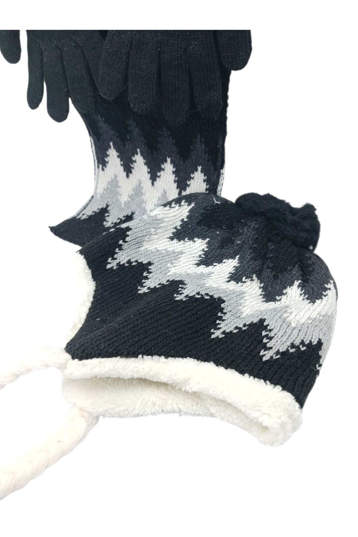 Çocuk Atkı Bere Eldiven 3’lü Set Unisex Garson Ponponlu Kürklü İpli Triko Kışlık Hediyelik