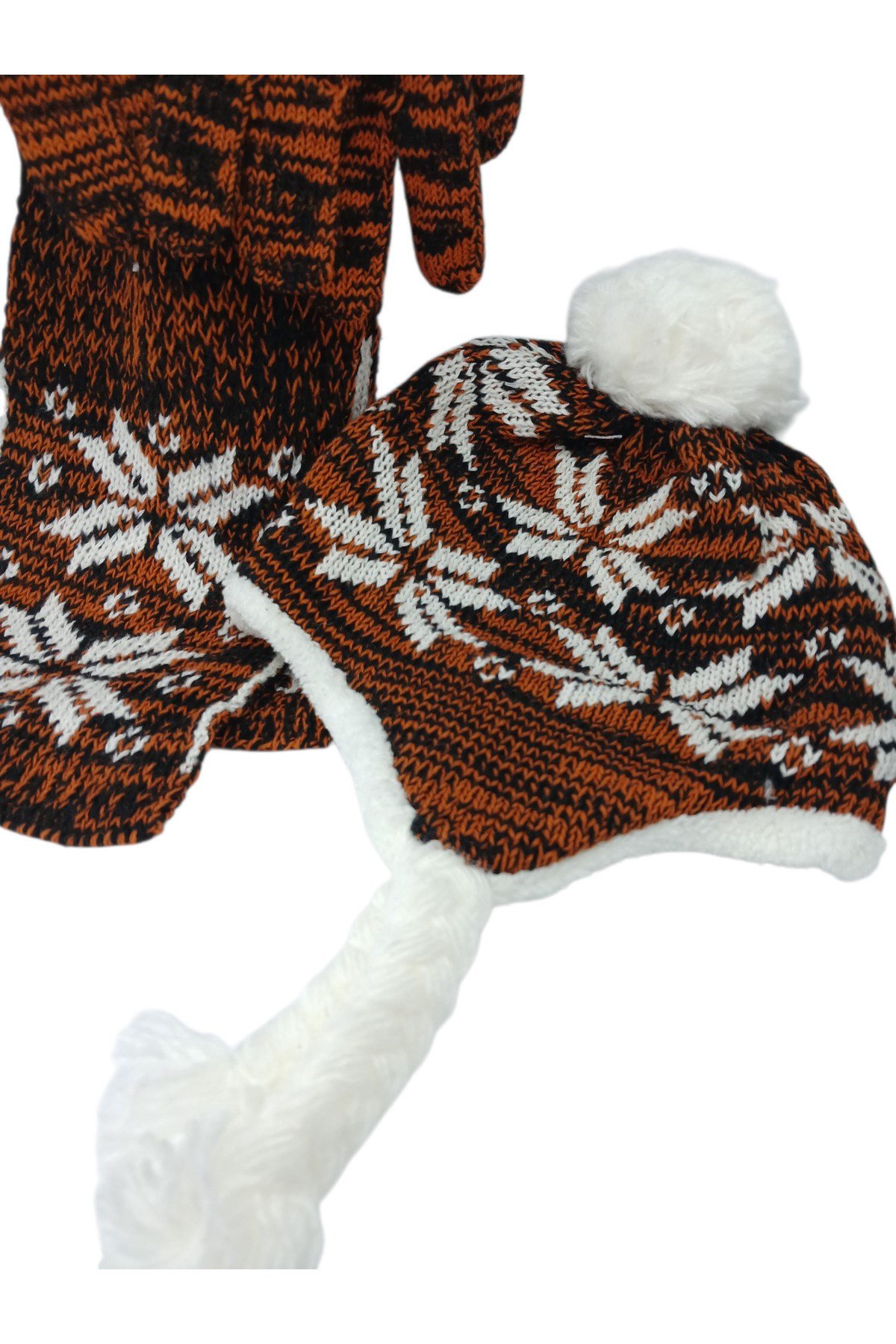 Çocuk Atkı Bere Eldiven 3’lü Set Unisex Garson Ponponlu Kürklü İpli Triko Kışlık Hediyelik