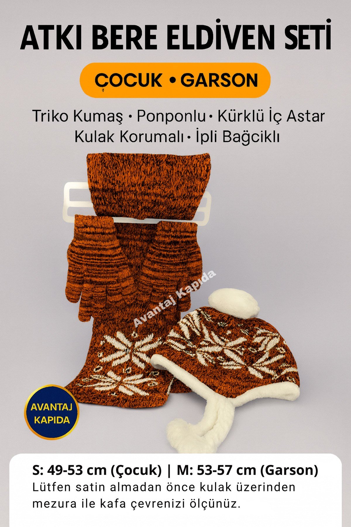 Çocuk Atkı Bere Eldiven 3’lü Set Unisex Garson Ponponlu Kürklü İpli Triko Kışlık Hediyelik