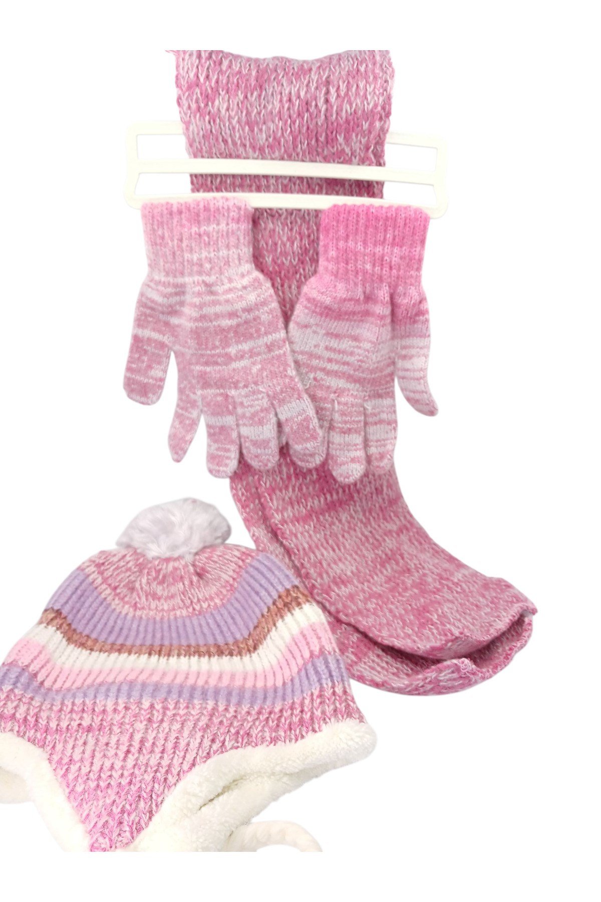 Çocuk Atkı Bere Eldiven 3’lü Set Unisex Garson Ponponlu Kürklü İpli Triko Kışlık Hediyelik