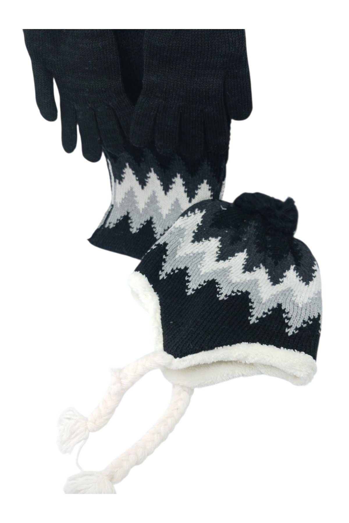 Çocuk Atkı Bere Eldiven 3’lü Set Unisex Garson Ponponlu Kürklü İpli Triko Kışlık Hediyelik