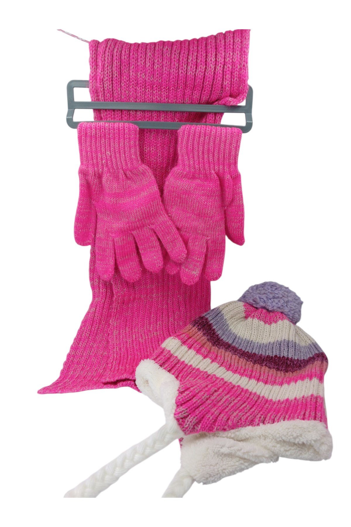 Çocuk Atkı Bere Eldiven 3’lü Set Unisex Garson Ponponlu Kürklü İpli Triko Kışlık Hediyelik