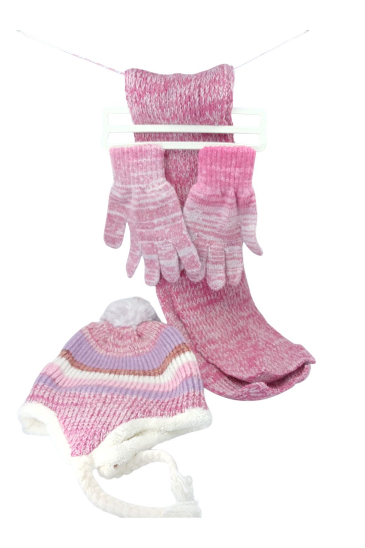 Çocuk Atkı Bere Eldiven 3’lü Set Unisex Garson Ponponlu Kürklü İpli Triko Kışlık Hediyelik