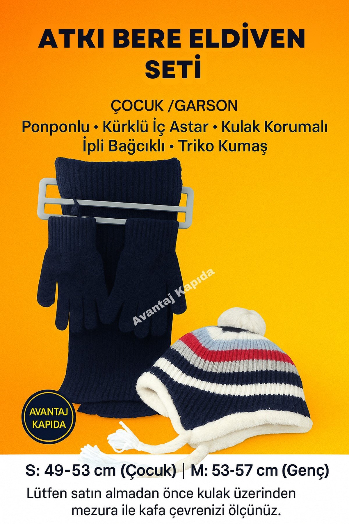 Çocuk Atkı Bere Eldiven 3’lü Set Unisex Garson Ponponlu Kürklü İpli Triko Kışlık Hediyelik
