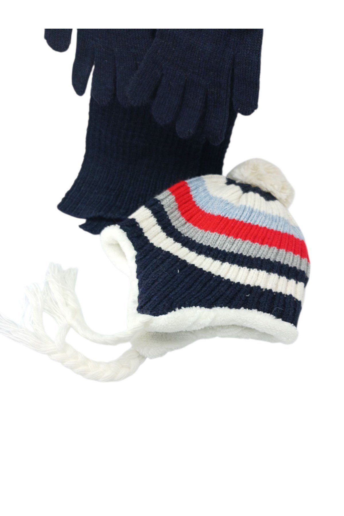 Çocuk Atkı Bere Eldiven 3’lü Set Unisex Garson Ponponlu Kürklü İpli Triko Kışlık Hediyelik