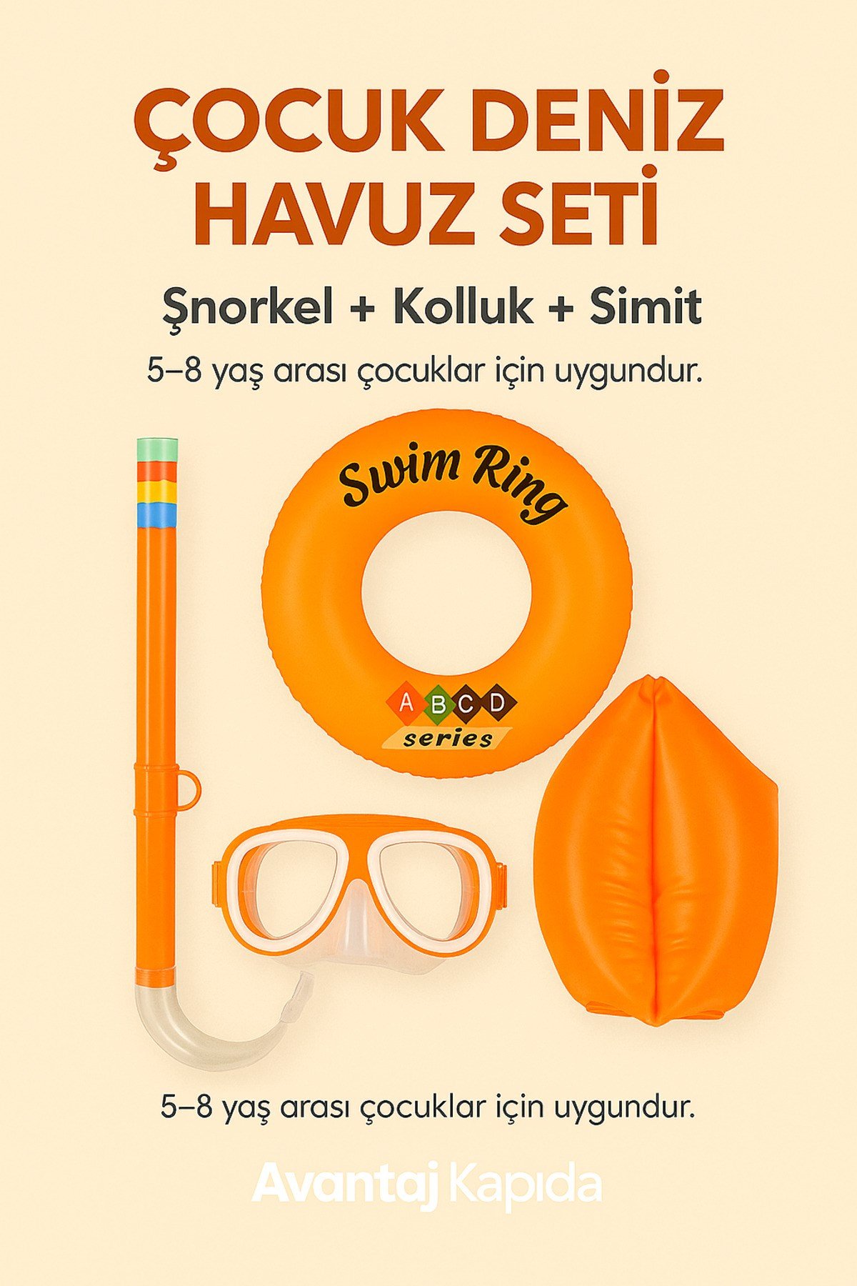 Çocuk Deniz Havuz 3’lü Set – Şnorkel Maske + Kolluk + Simit (5-8 Yaş)